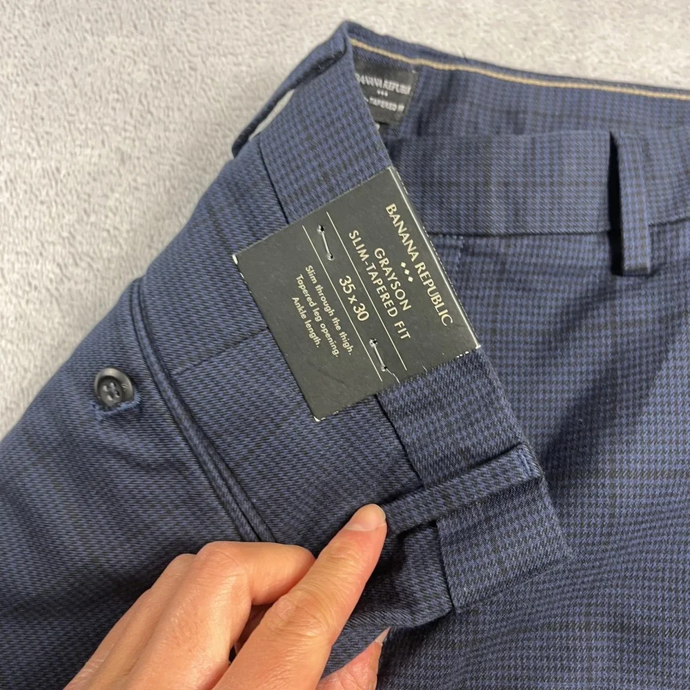 Banana Republic Grayson‎ Slim Tapered Fit Dress Pants Navy Blue Check 35x30 Mens